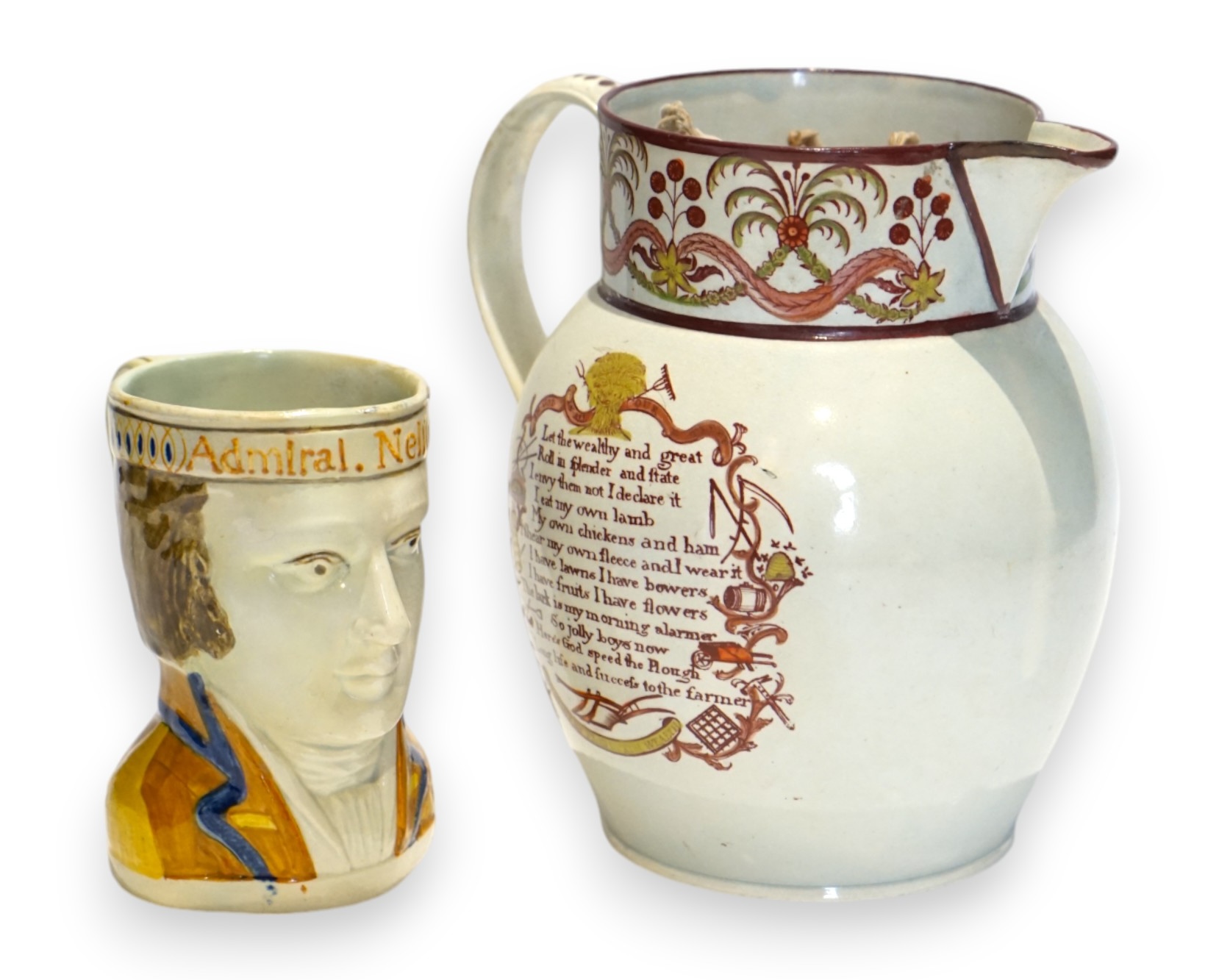 A Staffordshire Prattware Admiral Nelson mug, c.1800